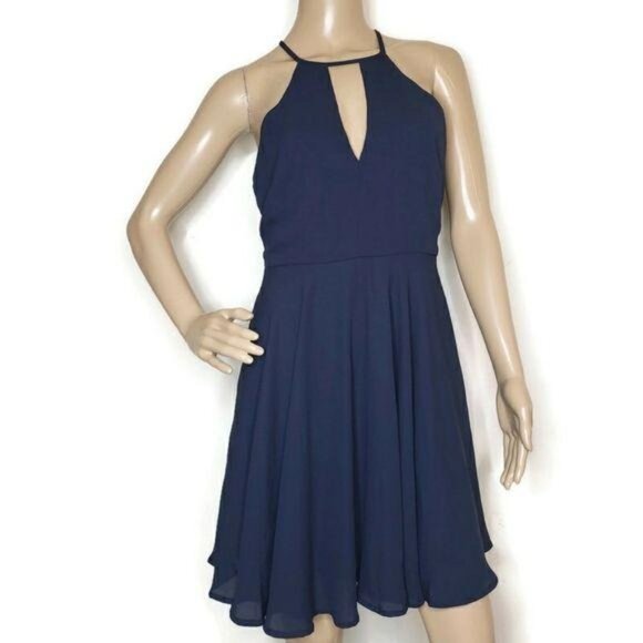 Lulus Navy Blue Keyhole Halter Dress Flared A-Line Sleeveless Back Zipper Size M - Picture 9 of 12